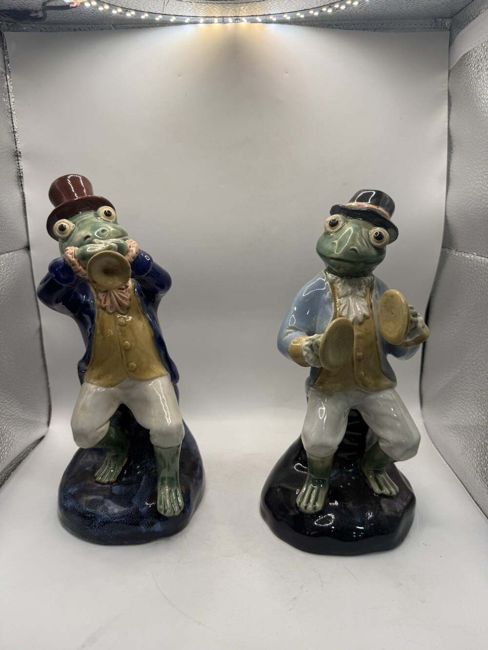Vintage Ceramic Frog Musicians Figurines Trumpet Cymbals 10" Pair *